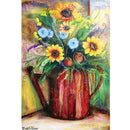 Rice paper featuring a painting of cheerful yellow and blue flowers bursting from a bright red watering can.