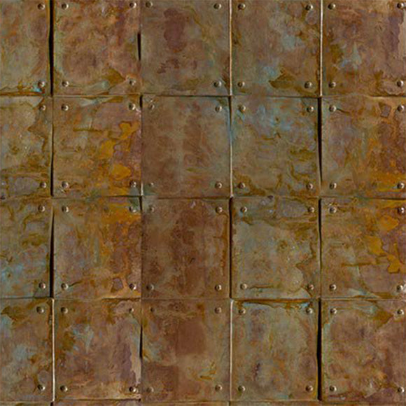 Close-up of a rice paper featuring a repeating pattern of weathered, rusted square plates riveted together.