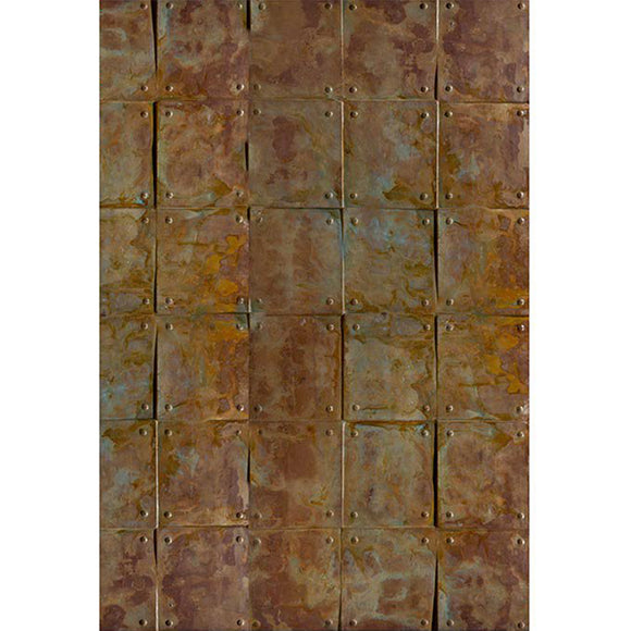 Rice paper featuring a repeating pattern of weathered, rusted square plates riveted together.