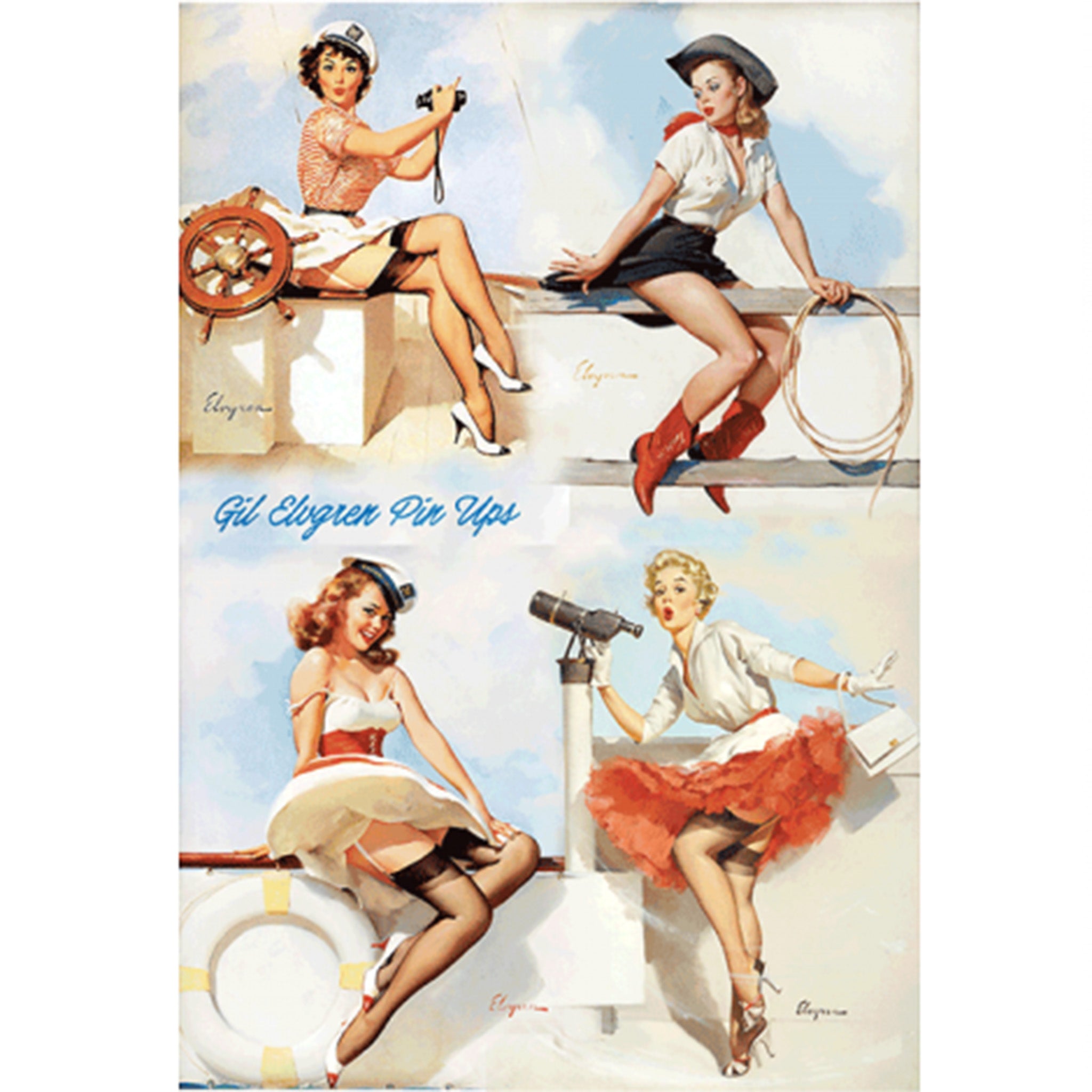 Rice paper featuring 4 scenes of pinup girls donning sailor and cowgirl attire. White borders are on the sides.