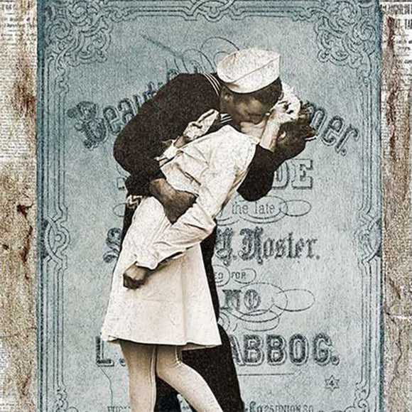 Close-up of a rice paper design of a vintage newspaper with a blue flyer featuring  a dashing sailor sweeping a white-dressed damsel off her feet for a passionate kiss.
