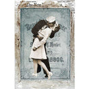 Rice paper design of a vintage newspaper with a blue flyer featuring  a dashing sailor sweeping a white-dressed damsel off her feet for a passionate kiss.