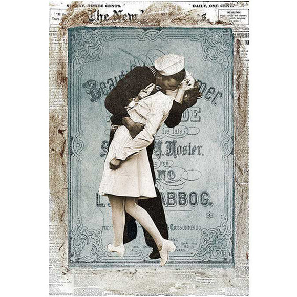 Rice paper design of a vintage newspaper with a blue flyer featuring  a dashing sailor sweeping a white-dressed damsel off her feet for a passionate kiss.