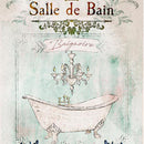 Close-up of a rice paper featuring a vintage poster of a clawfoot bath tub against a mint green watercolor background, adorned with French script and print.