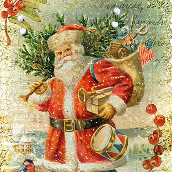 Close-up of a rice paper featuring a vintage design of Santa delivering toys against an old document backdrop with a winter scene.
