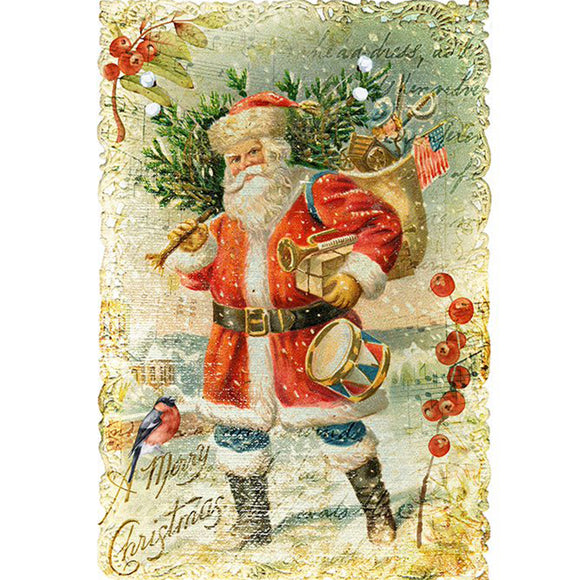 Rice paper featuring a vintage design of Santa delivering toys against an old document backdrop with a winter scene.