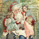 Close-up of a rice paper featuring a vintage design of Santa surrounded by adorable children, all set against a charming vintage sheet music backdrop.