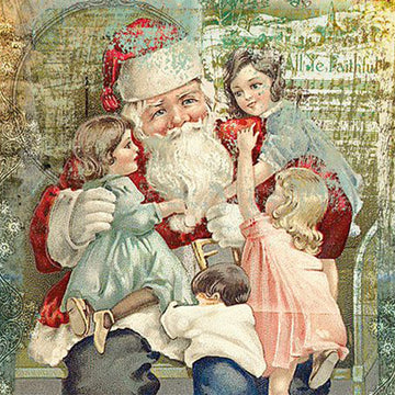 Close-up of a rice paper featuring a vintage design of Santa surrounded by adorable children, all set against a charming vintage sheet music backdrop.