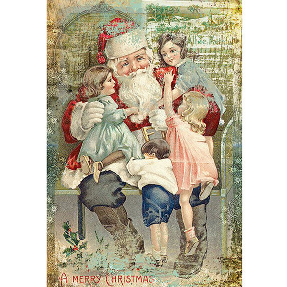 Rice paper featuring a vintage design of Santa surrounded by adorable children, all set against a charming vintage sheet music backdrop.