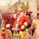 Close-up of a rice paper featuring a vintage scene of Santa standing inside a bustling department store surrounded by shoppers and children.