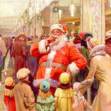 Close-up of a rice paper featuring a vintage scene of Santa standing inside a bustling department store surrounded by shoppers and children.
