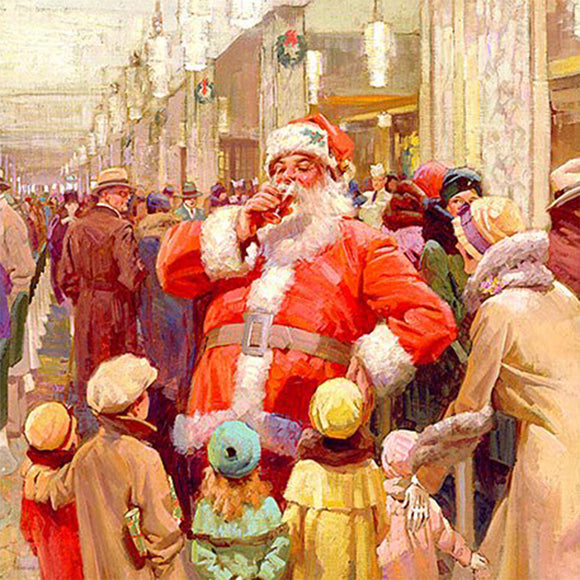 Close-up of a rice paper featuring a vintage scene of Santa standing inside a bustling department store surrounded by shoppers and children.