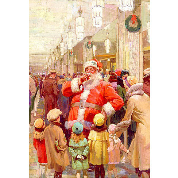 Rice paper featuring a vintage scene of Santa standing inside a bustling department store surrounded by shoppers and children.