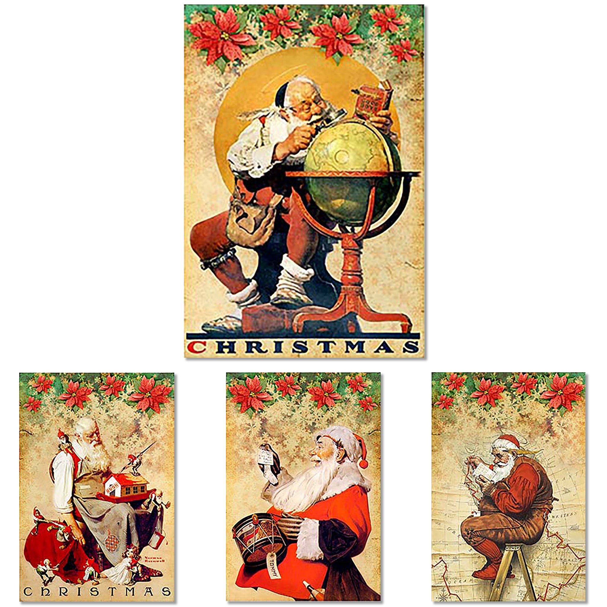 Rice papers featuring 4 scenes of vintage Santa working on Christmas presents are against a white background.