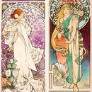 Close-up of a rice paper featuring  side-by-side designs of women in elegant gowns from classic French posters.