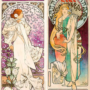 Close-up of a rice paper featuring  side-by-side designs of women in elegant gowns from classic French posters.