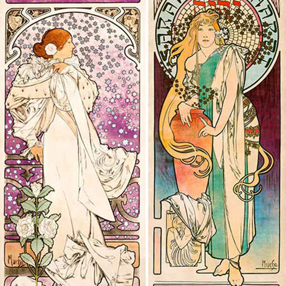 Close-up of a rice paper featuring  side-by-side designs of women in elegant gowns from classic French posters.