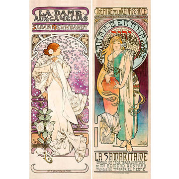 Rice paper featuring side-by-side designs of women in elegant gowns from classic French posters.