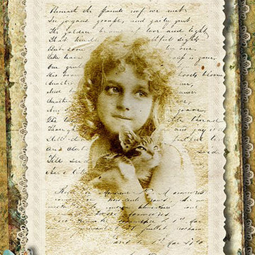 Close-up of a rice paper featuring a sepia-toned design showcasing an adorable little girl cradling her fluffy kitten, set against a backdrop of elegant script.