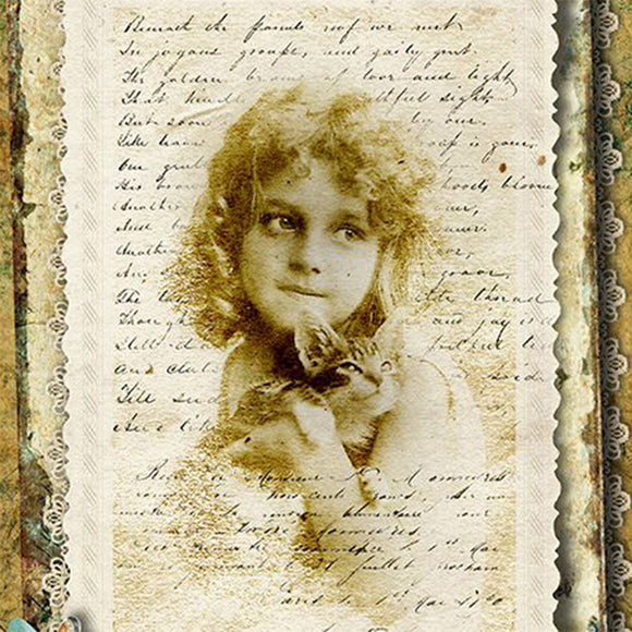 Close-up of a rice paper featuring a sepia-toned design showcasing an adorable little girl cradling her fluffy kitten, set against a backdrop of elegant script.