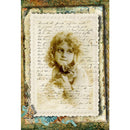 Rice paper featuring a sepia-toned design showcasing an adorable little girl cradling her fluffy kitten, set against a backdrop of elegant script.