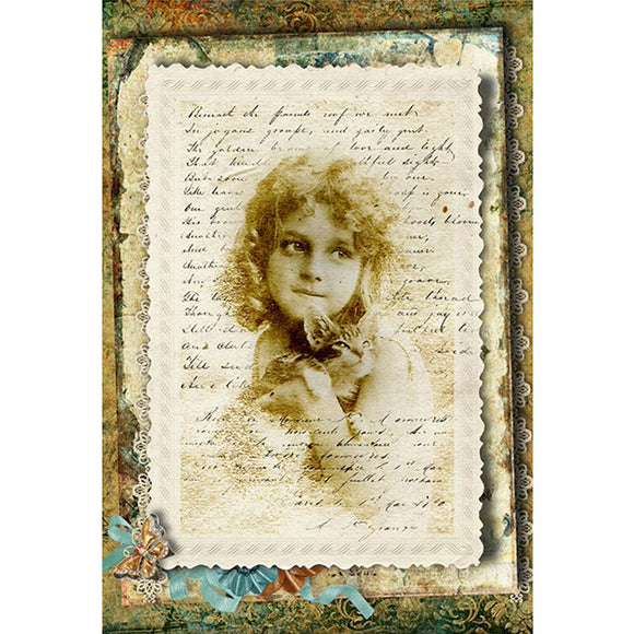 Rice paper featuring a sepia-toned design showcasing an adorable little girl cradling her fluffy kitten, set against a backdrop of elegant script.