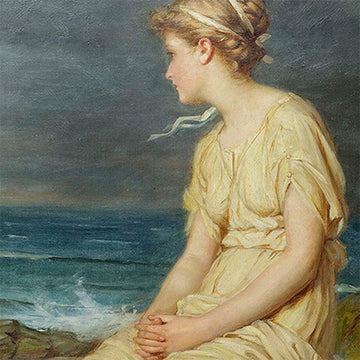 Close-up of a rice paper featuring a serene scene of a Grecian woman in a cream dress sitting on a rock by the dark seaside.