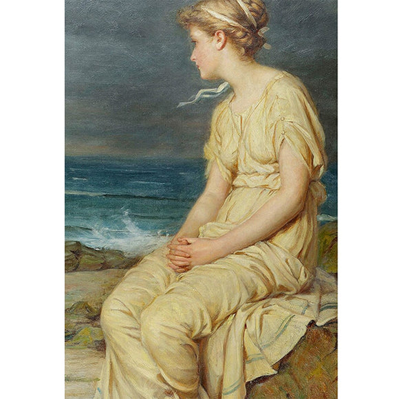 Rice paper featuring a serene scene of a Grecian woman in a cream dress sitting on a rock by the dark seaside.