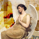 Close-up of a rice paper featuring an angel in a beige dress resting against a stunning collage background with vintage postage.