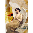 Rice paper featuring an angel in a beige dress resting against a stunning collage background with vintage postage.