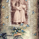 Close-up of a rice paper featuring a collage of a sepia vintage portrait of two young girls in an embrace against a background of a patterned design with blue butterflies and bicycle with blue flowers in a basket.