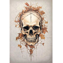 Rice paper design that features a skull covered with decaying leaves. White border are on the sides.