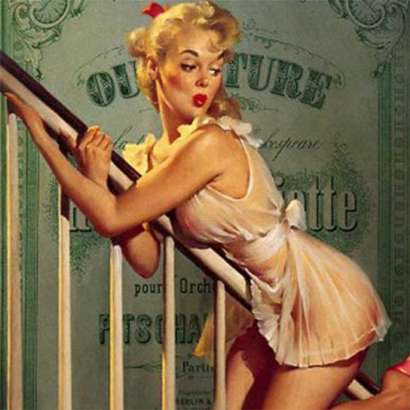 Close-up of a rice paper featuring a pinup style woman sliding down a banister against a vintage French label backdrop. 