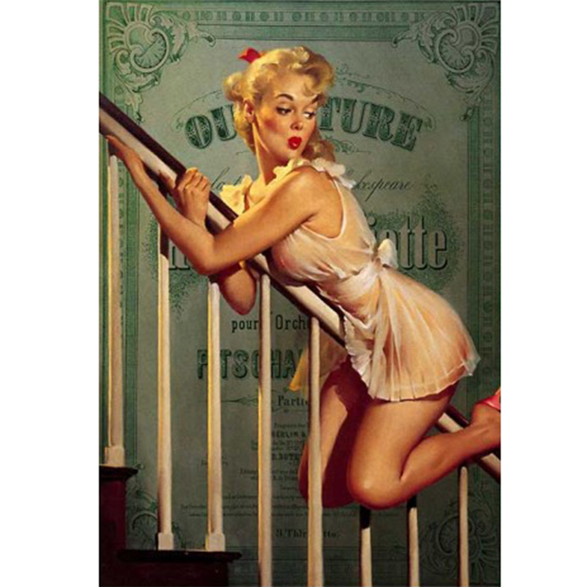 Rice paper featuring a pinup style woman sliding down a banister against a vintage French label backdrop. White borders are on the sides.