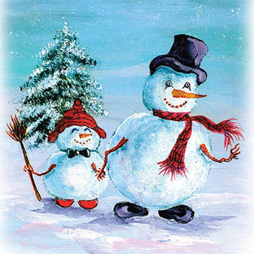 Close-up of a rice paper featuring a charming scene of an adult and child snowman walking through a snowy landscape.