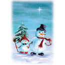 Rice paper featuring a charming scene of an adult and child snowman walking through a snowy landscape.