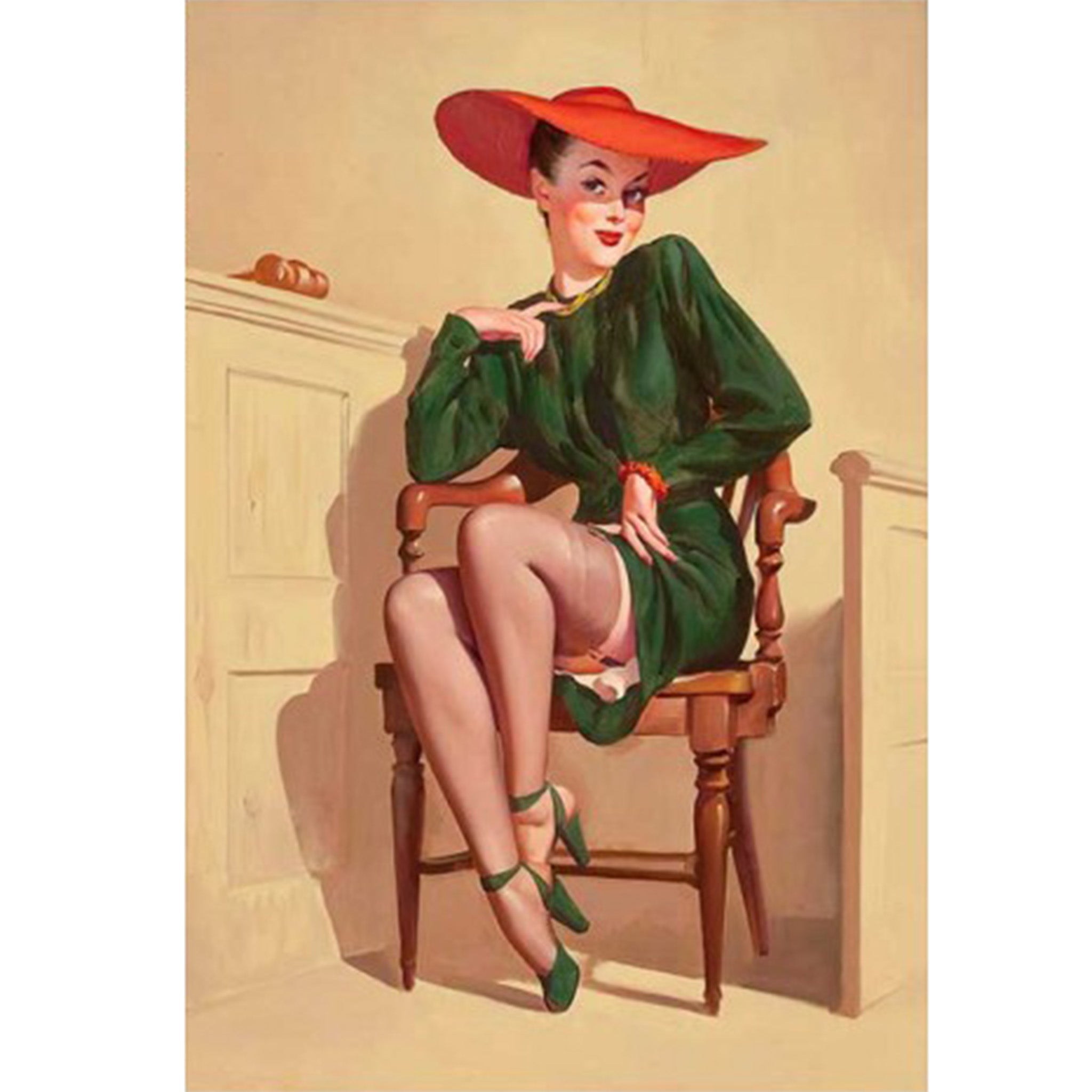 Rice paper design featuring a fashionable lady in a stunning green gown and a burnt orange hat posing in a chair. White borders are on the sides.