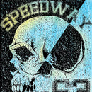 Close-up of a rice paper featuring a bold split blue and black skull design with block letters reading "Speedway 1963 Bronx Manhattan New York".
