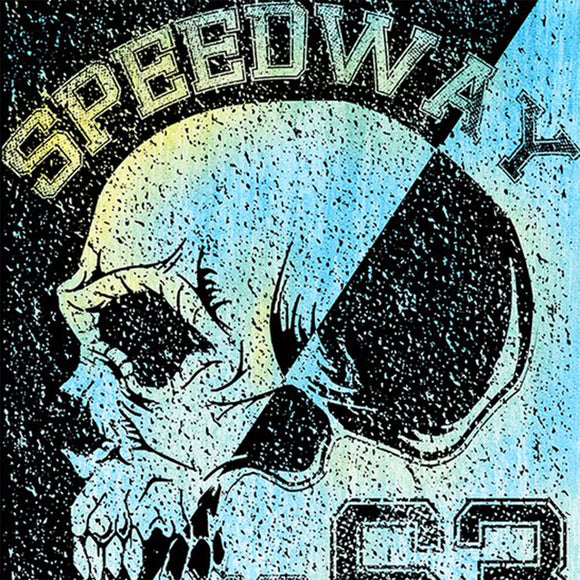 Close-up of a rice paper featuring a bold split blue and black skull design with block letters reading "Speedway 1963 Bronx Manhattan New York".
