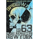 Rice paper featuring a bold split blue and black skull design with block letters reading "Speedway 1963 Bronx Manhattan New York".