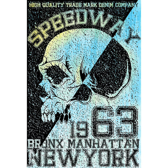 Rice paper featuring a bold split blue and black skull design with block letters reading "Speedway 1963 Bronx Manhattan New York".