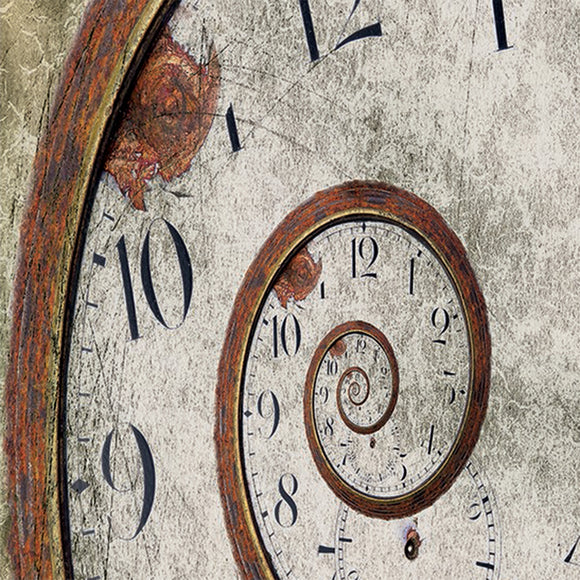 Close-up of a rice paper featuring a zoomed in image of a clock face with a playful spiral of repeating numbers. 