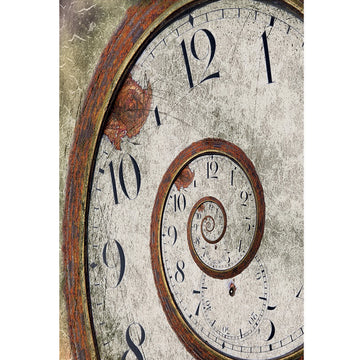 Rice paper featuring a zoomed in image of a clock face with a playful spiral of repeating numbers. 