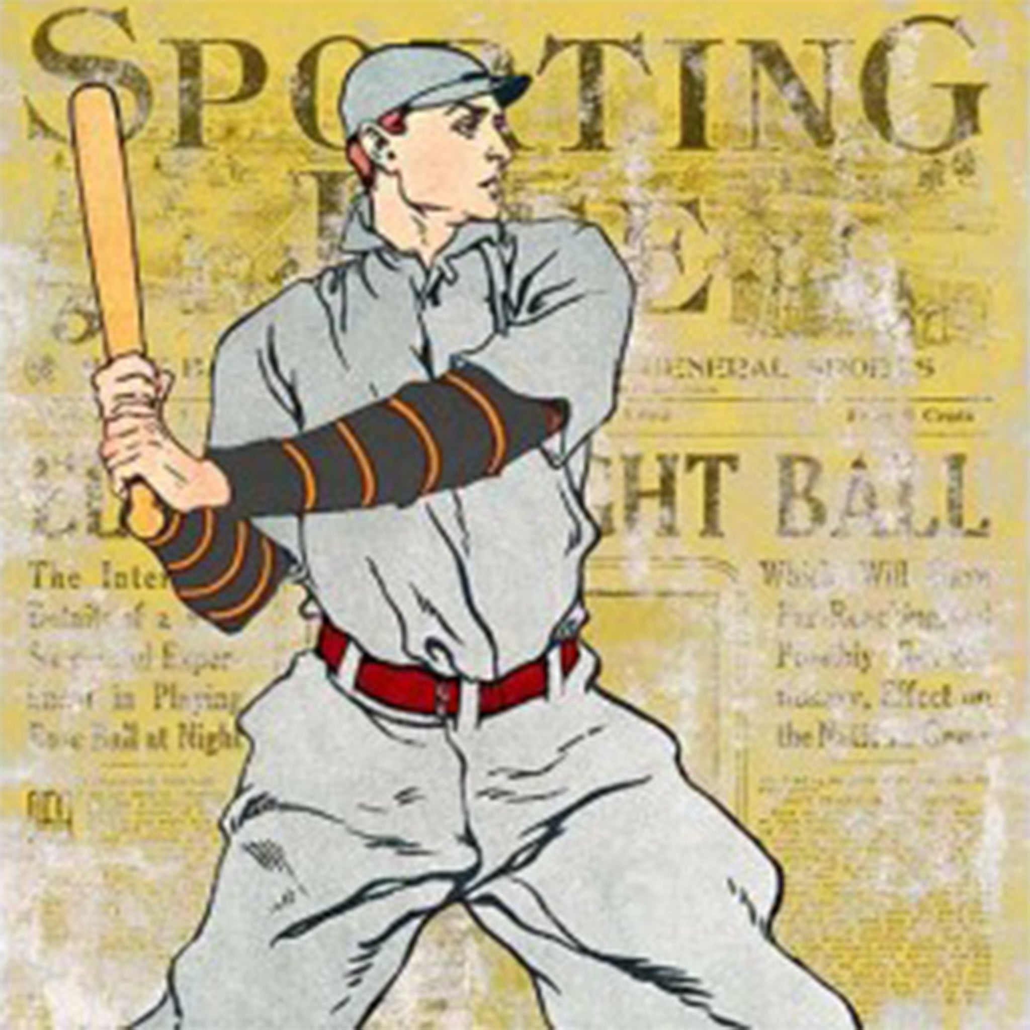 Close-up of a rice paper featuring a vintage baseball player and a yellow flyer with faded writing.