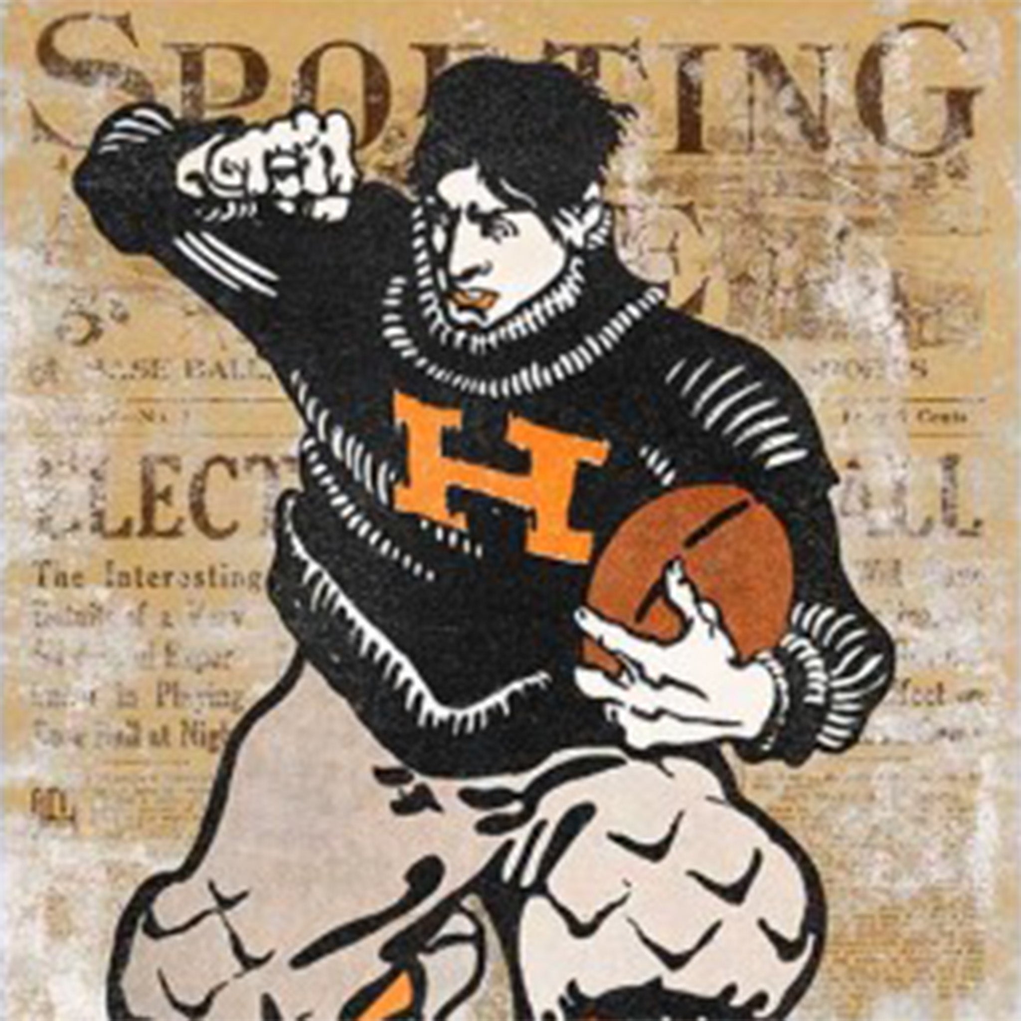 Close-up of a rice paper featuring a vintage football player against a faded flyer about sporting.