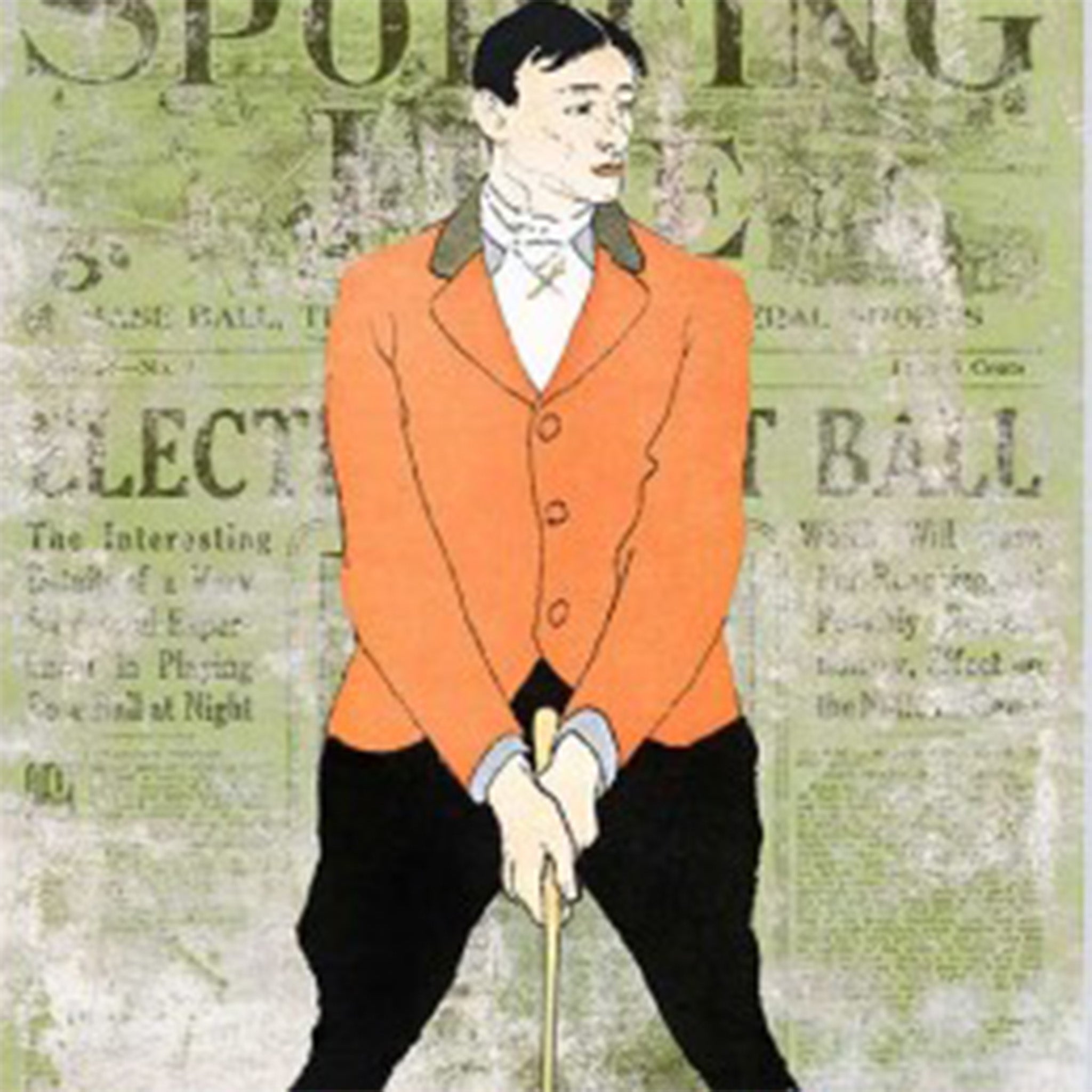 Close-up of a rice paper featuring a vintage golfer in an orange jacket on a unique green document about sporting.