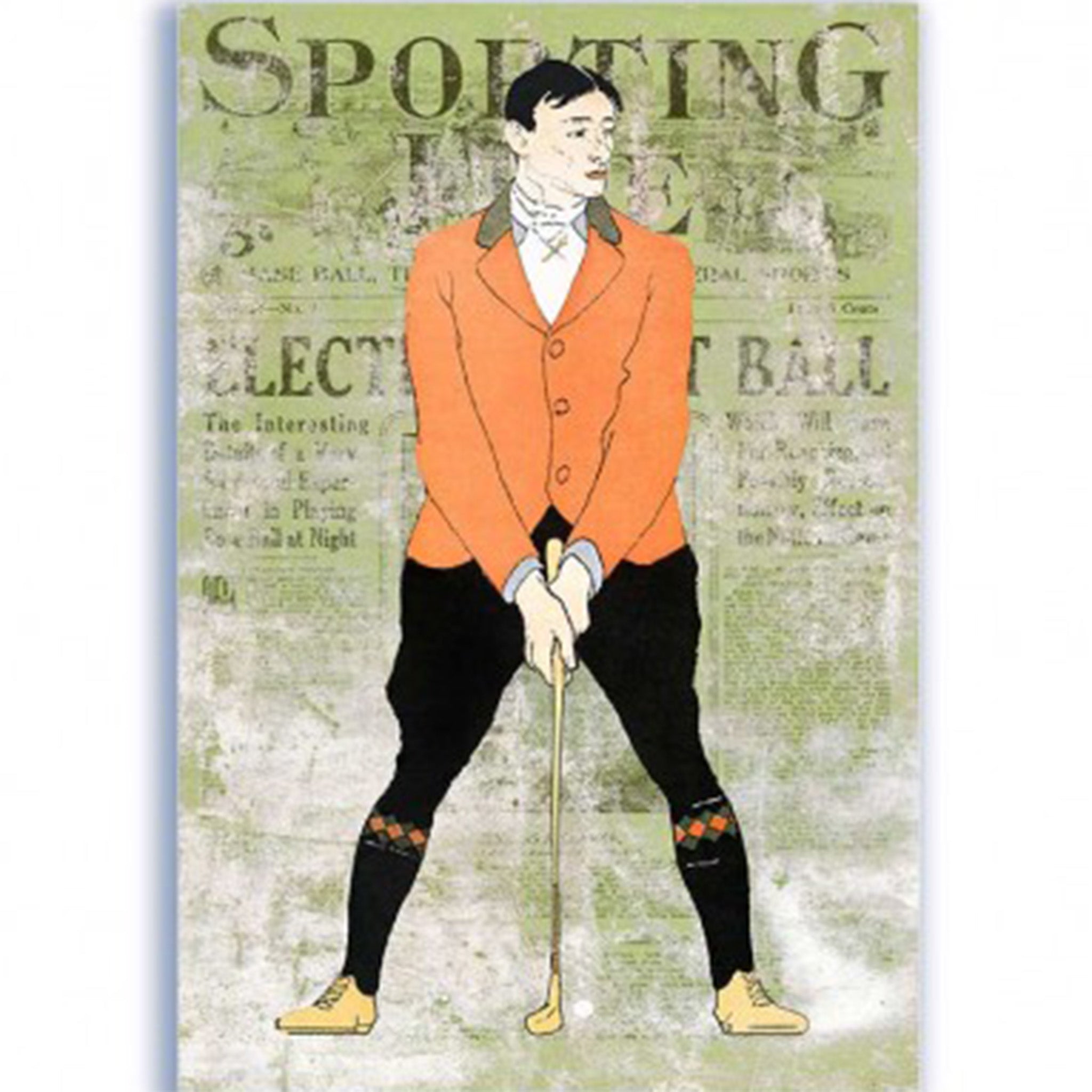 Rice paper featuring a vintage golfer in an orange jacket on a unique green document about sporting.