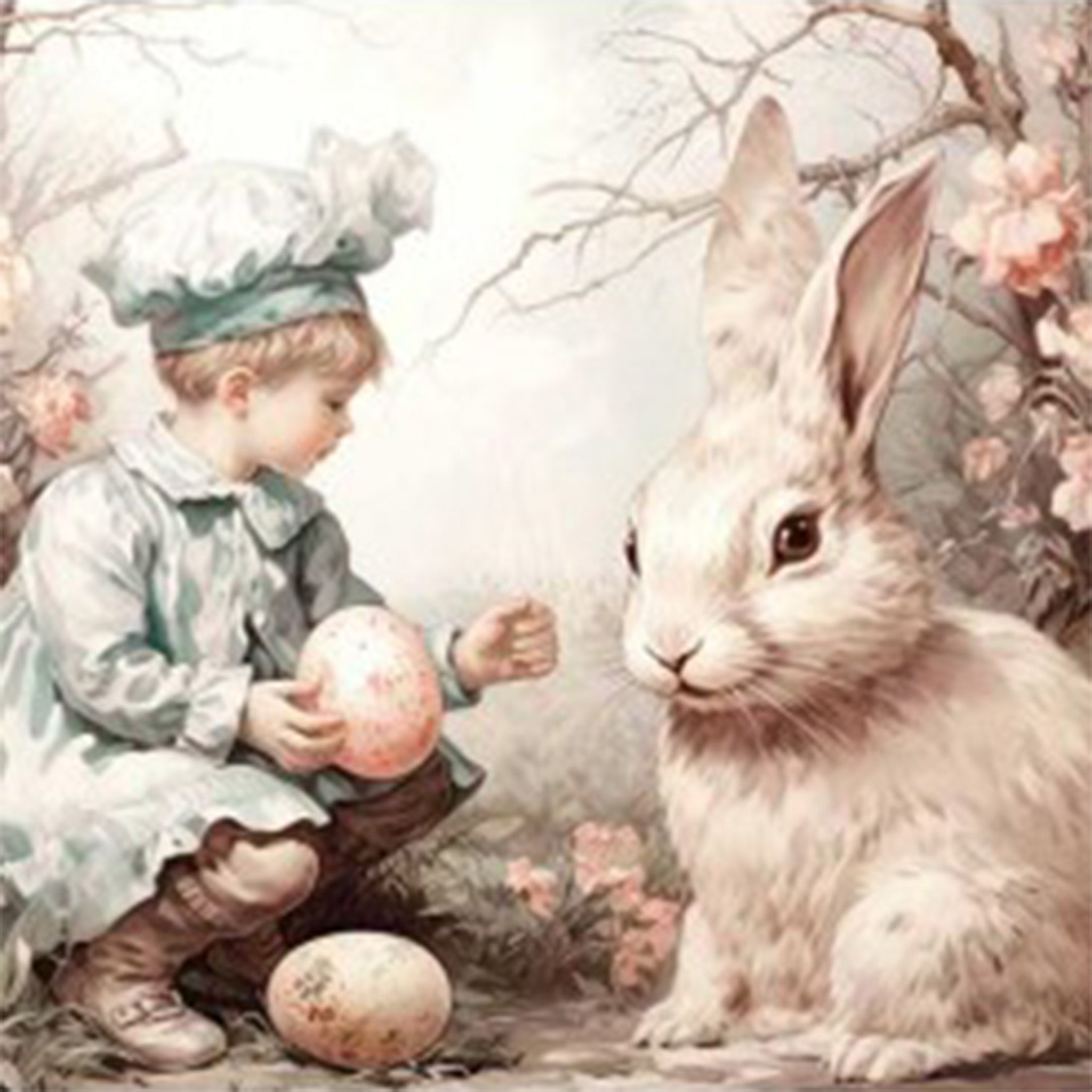 Close-up of a rice paper featuring a charming child in a blue outfit holding Easter eggs and sitting by a fluffy bunny in front of pink floral trees.