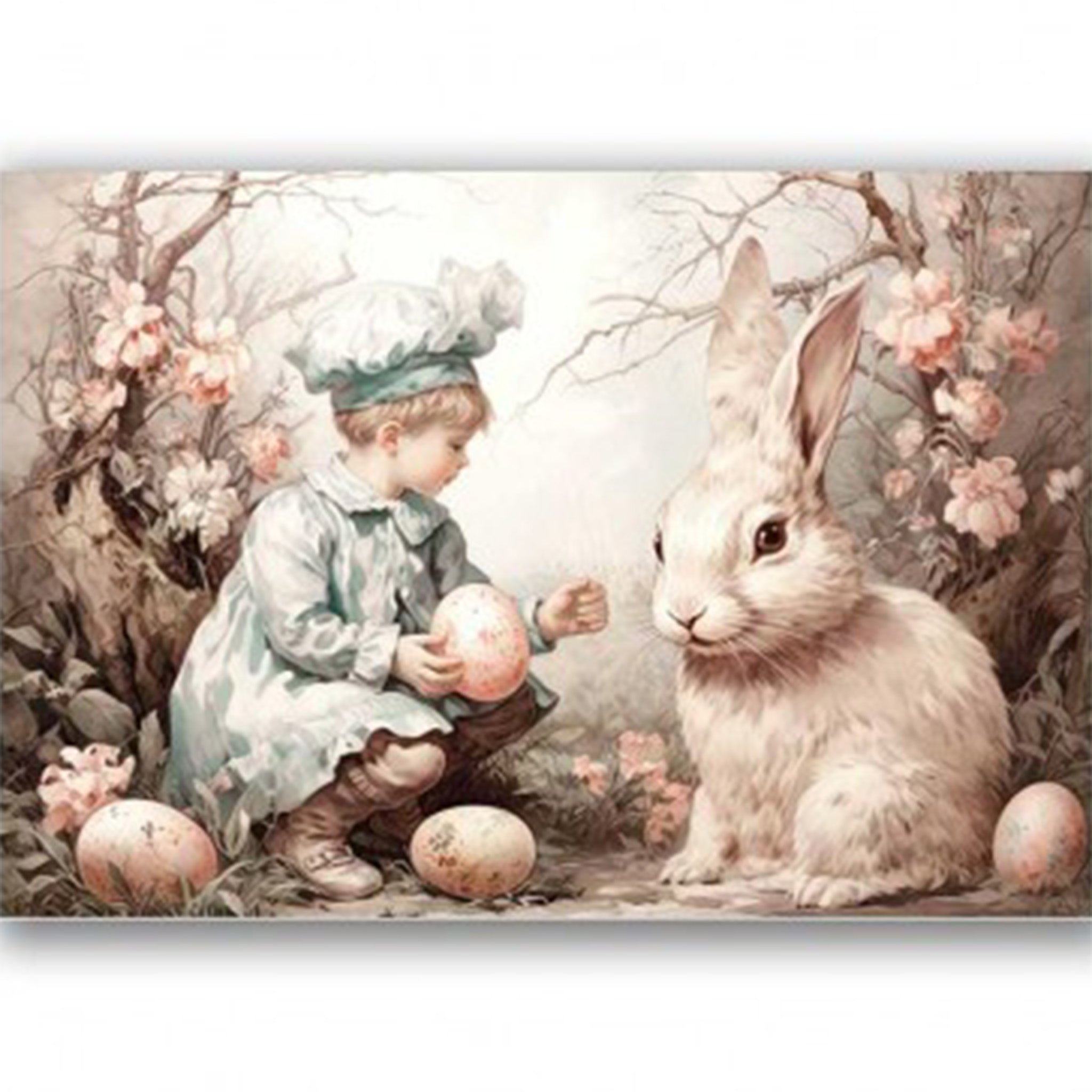 Rice paper featuring a charming child in a blue outfit holding Easter eggs and sitting by a fluffy bunny in front of pink floral trees.