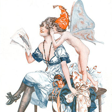 Close-up of a rice paper featuring a vintage French scene of a young fairy in a red cap whispering to a woman in a blue dress sitting on a bench with fabric.